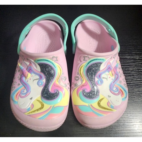 Crocs Unicorn Shoes Girls Sz J1 Fun Lab Clogs Pink Sandal Slip On Magical - Picture 1 of 5